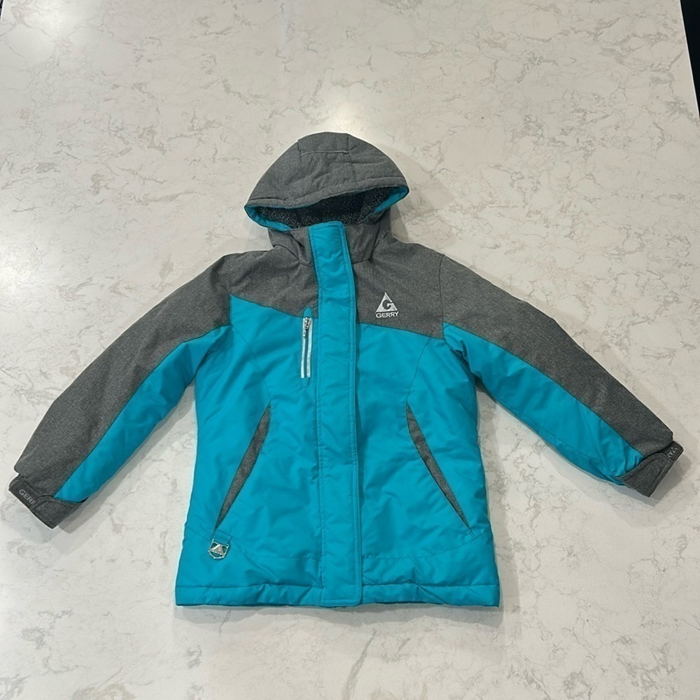 Gerry Girls Winter Coat Jacket Hooded Double‎ Zip Pockets Small 7/8 Turquoise